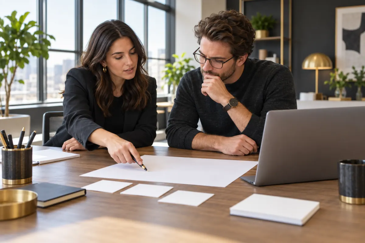 Marketing analysts organizing an action plan after a tracking review
