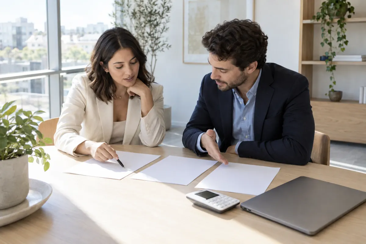 Two professionals comparing creator campaign proposals at a table