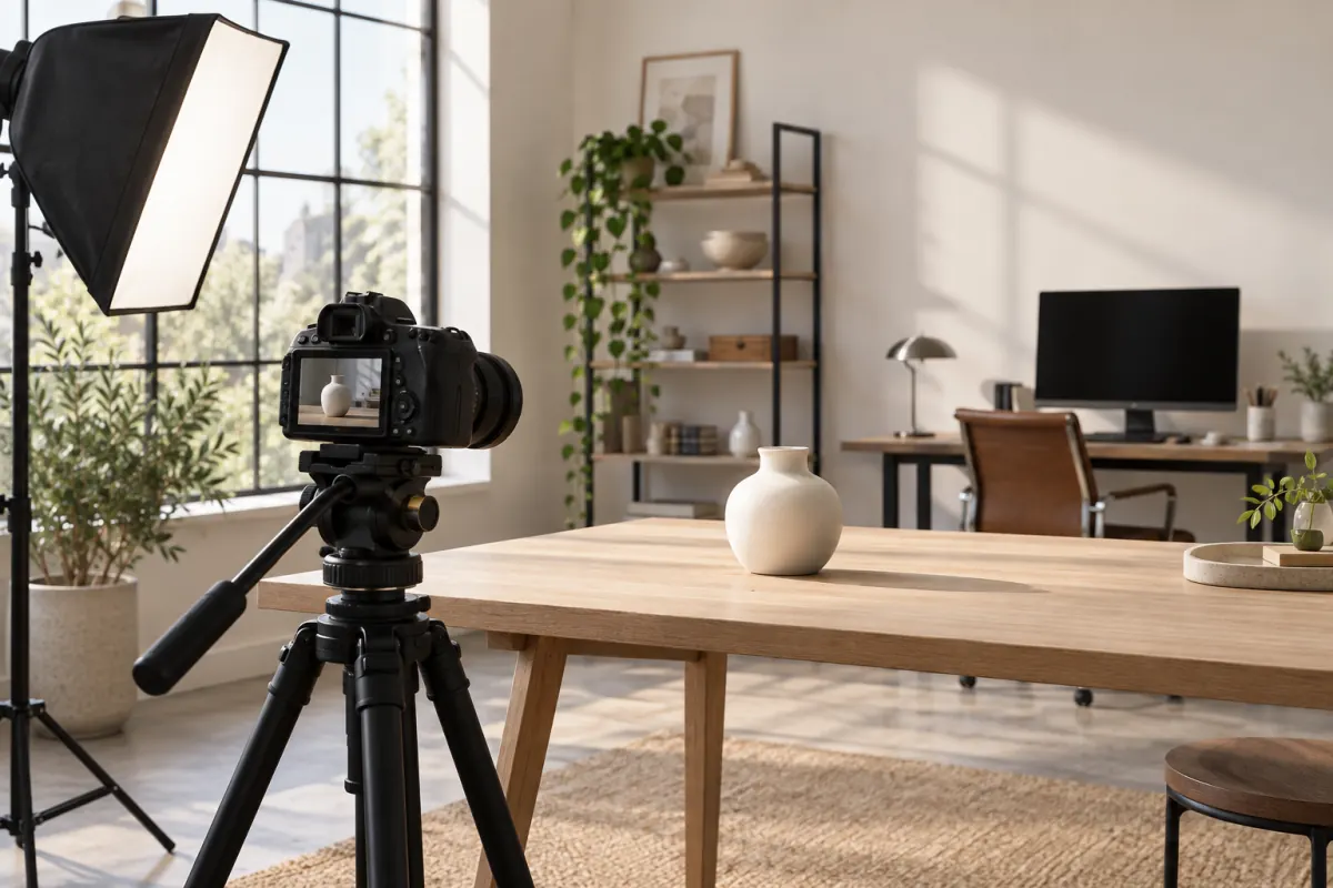 Camera and softbox arranged for a product video in a bright studio