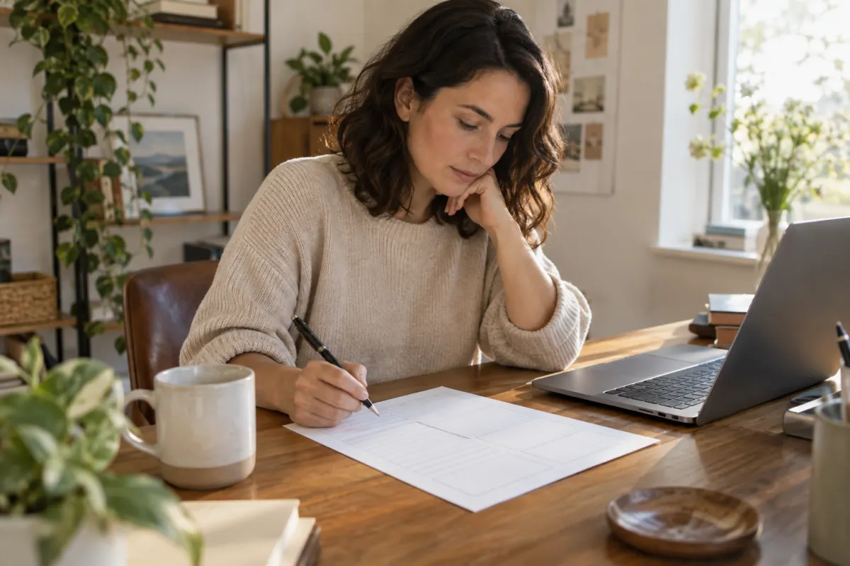 Business owner filling out a lead planning worksheet beside a laptop