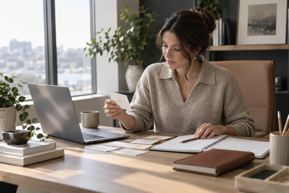 Marketing planner reviewing source notes and a blank worksheet