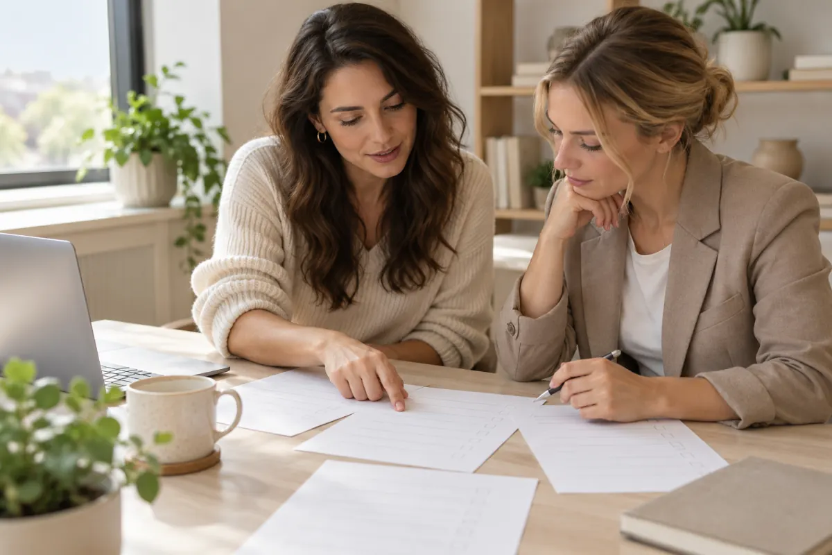 Marketing colleagues reviewing campaign notes at a desk