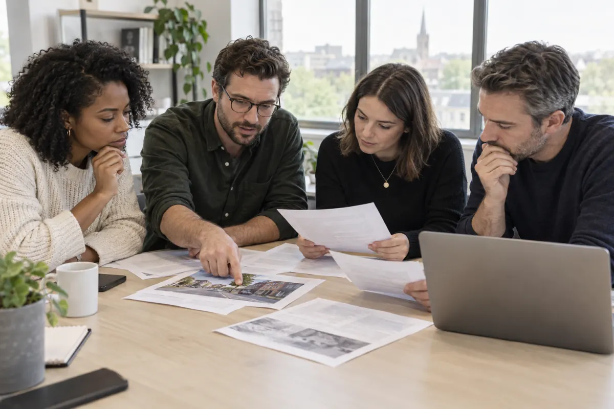 Communications team reviewing source material before pitching a story