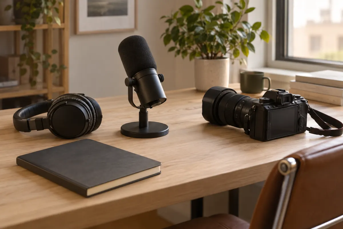 Microphone and notes prepared for an interview