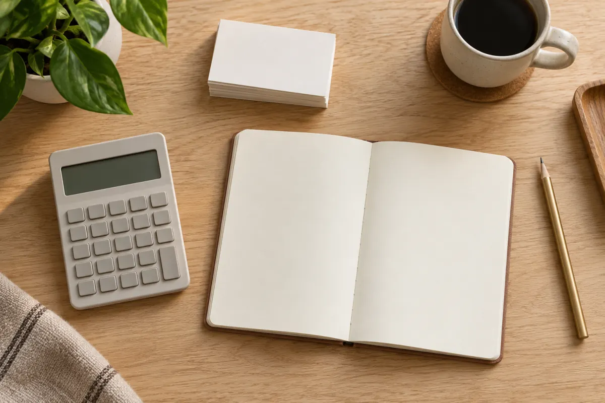Notebook and calculator on a desk for checking customer survey response counts