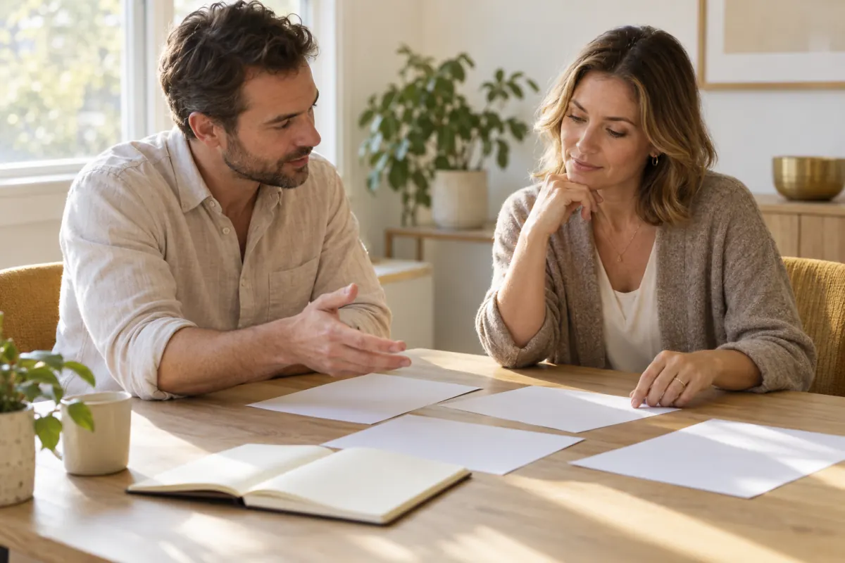 Two colleagues discussing customer feedback notes at a bright meeting table