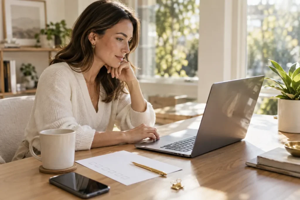 Marketing professional reviewing a laptop beside a paper checklist