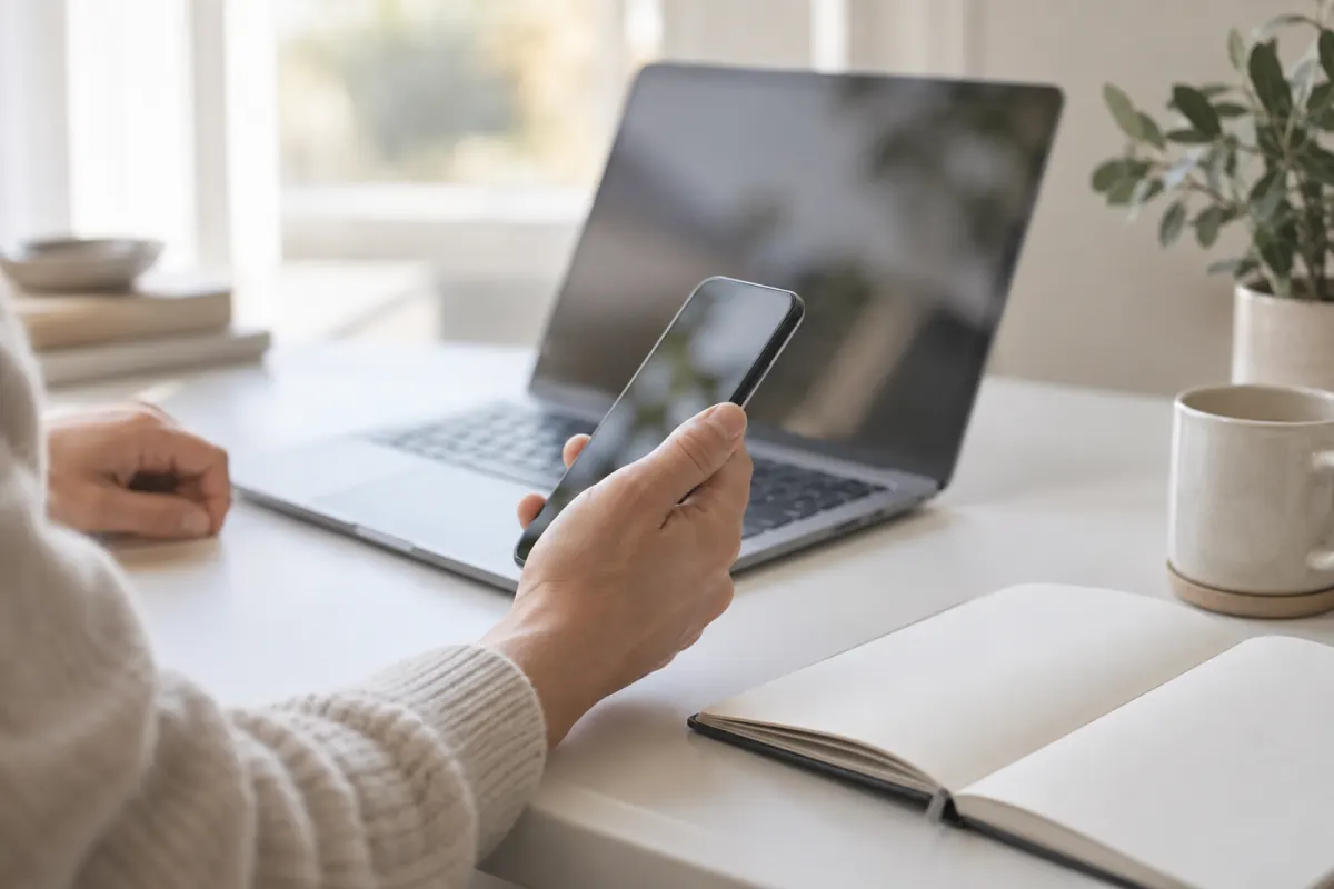 Workspace with a smartphone and laptop for a mobile landing page review