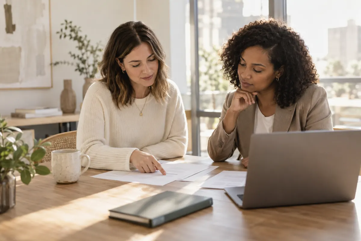 Marketing team reviewing a printed launch checklist together at a table